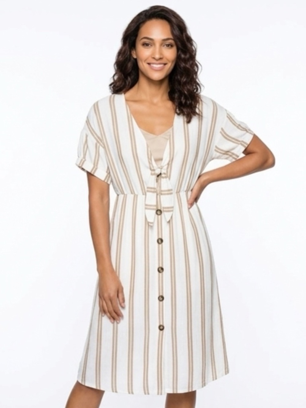 Lush Women’s Tan Stripe Short Sleeve Tie Front Dress